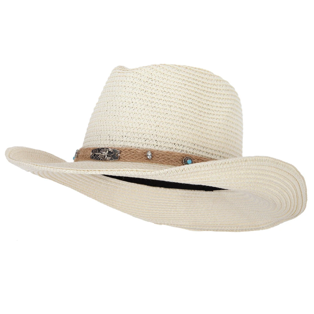 Women's Paper Braid Bead Accented Pinched Crown Cowboy Hat