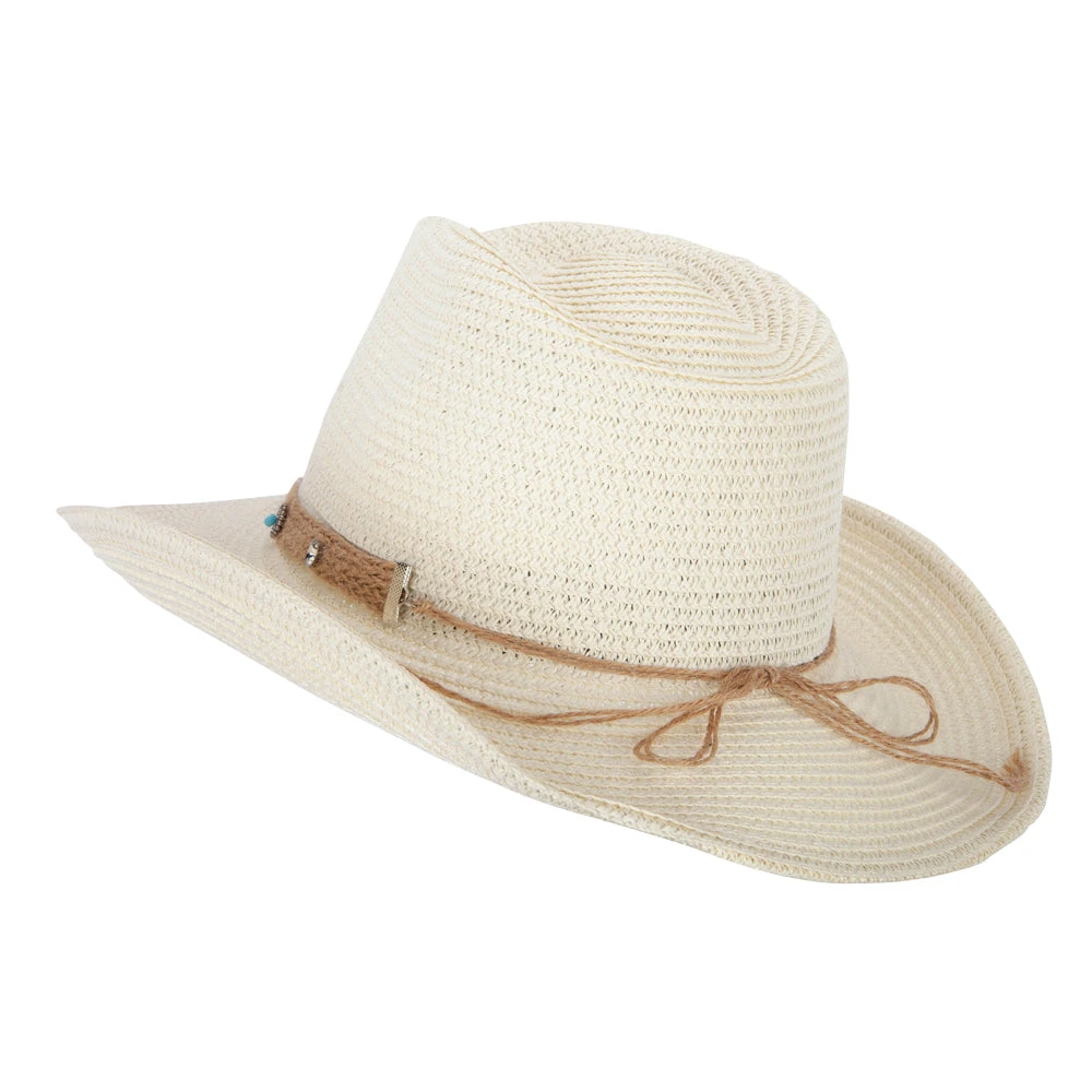 Women's Paper Braid Bead Accented Pinched Crown Cowboy Hat - Image 2