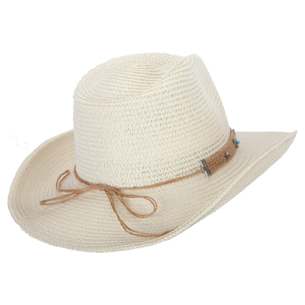 Women's Paper Braid Bead Accented Pinched Crown Cowboy Hat - Image 3
