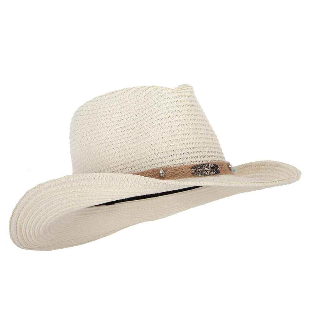 Women's Paper Braid Bead Accented Pinched Crown Cowboy Hat - Image 4
