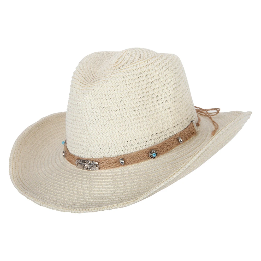 Women's Paper Braid Bead Accented Pinched Crown Cowboy Hat - Image 5