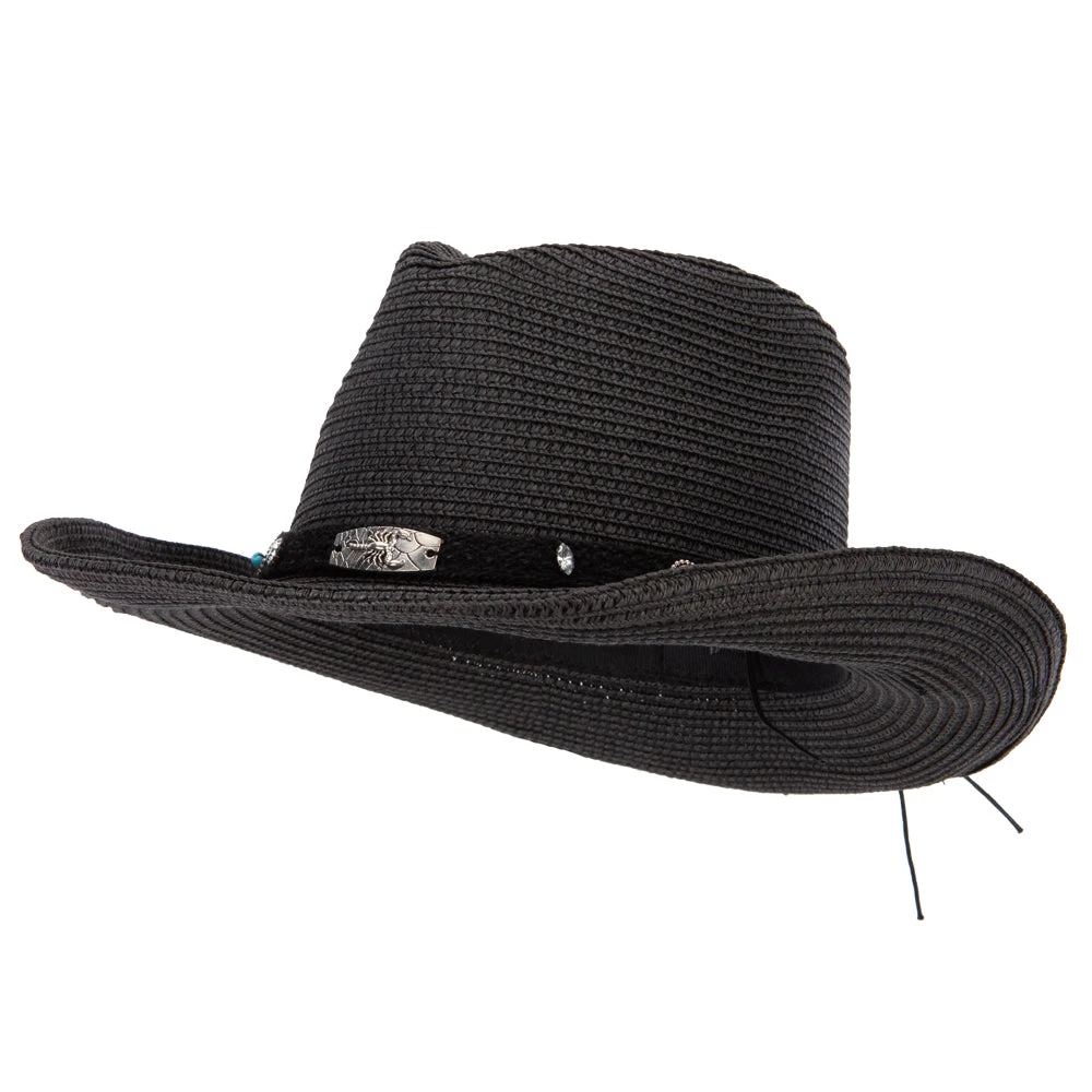Women's Paper Braid Bead Accented Pinched Crown Cowboy Hat - Image 6