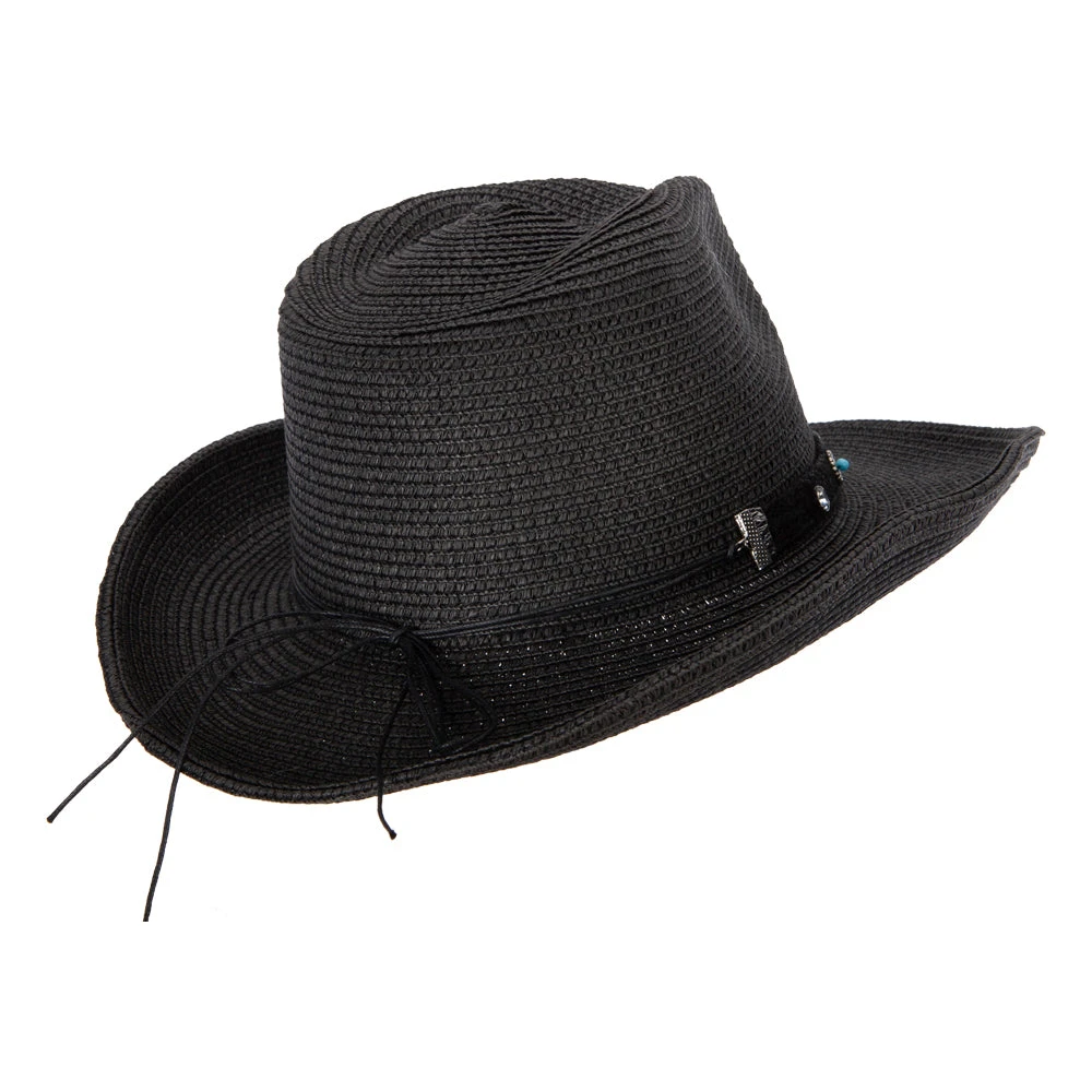 Women's Paper Braid Bead Accented Pinched Crown Cowboy Hat - Image 8