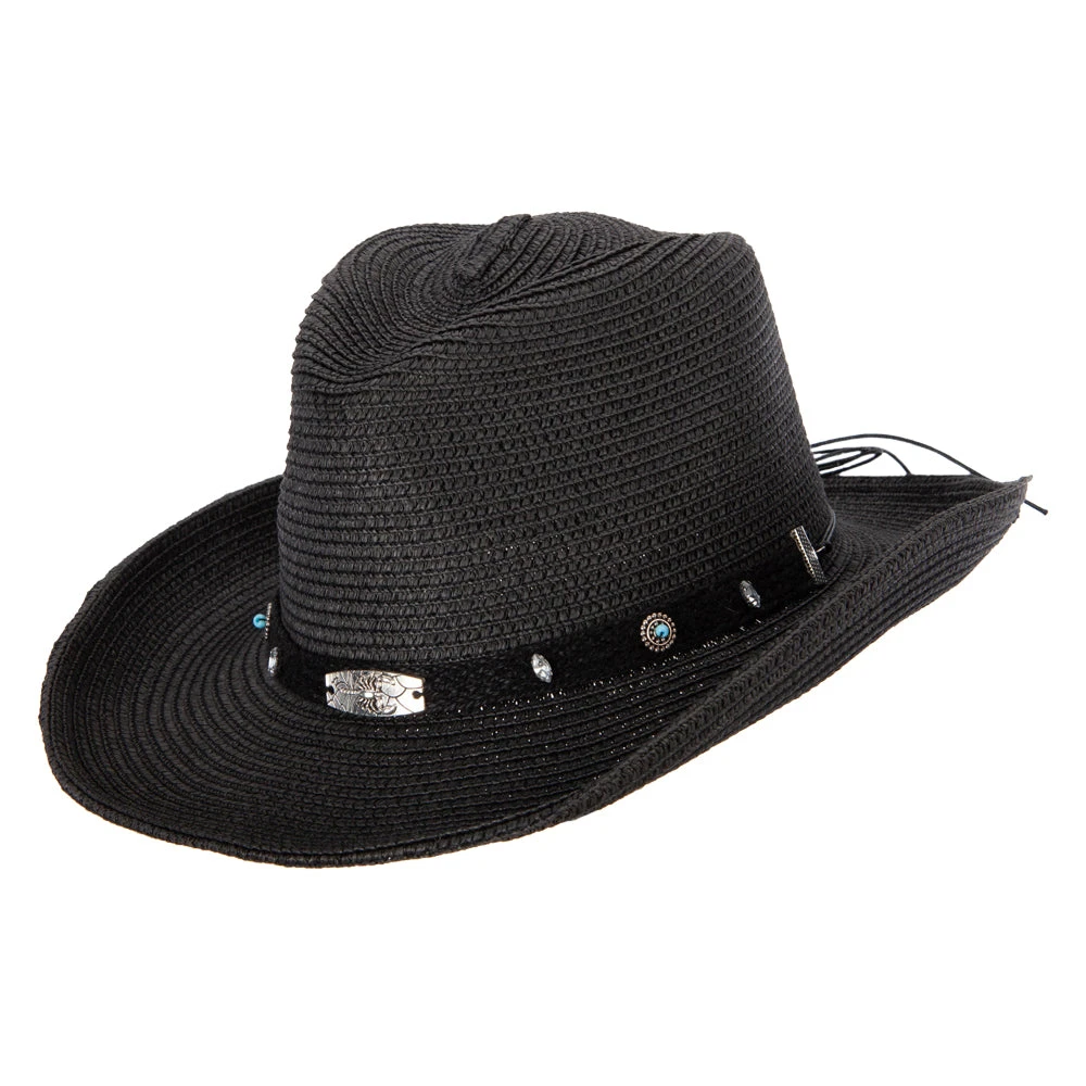 Women's Paper Braid Bead Accented Pinched Crown Cowboy Hat - Image 10