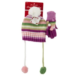 Girl's Hat And Glove Set With Pom Poms