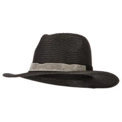 Ladies Paper Straw Rhinestone Band Panama Fedora Hat
