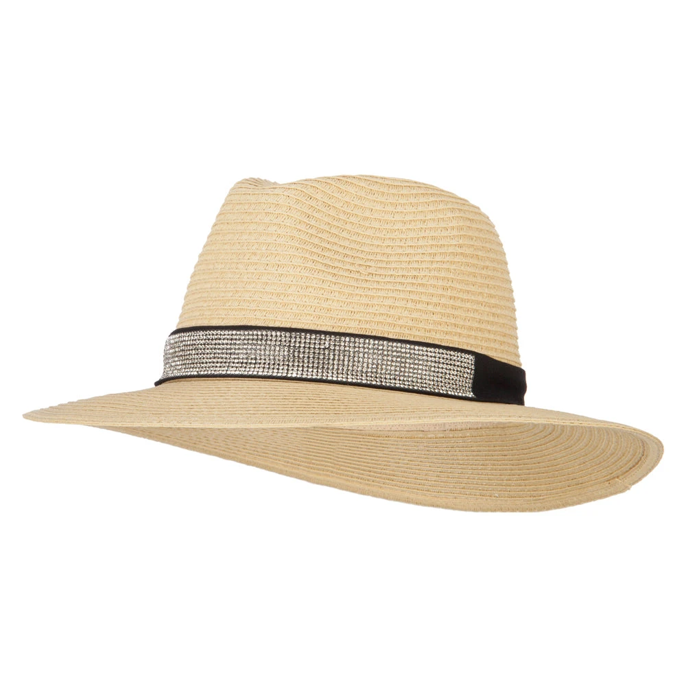 Ladies Paper Straw Rhinestone Band Panama Fedora Hat - Image 6