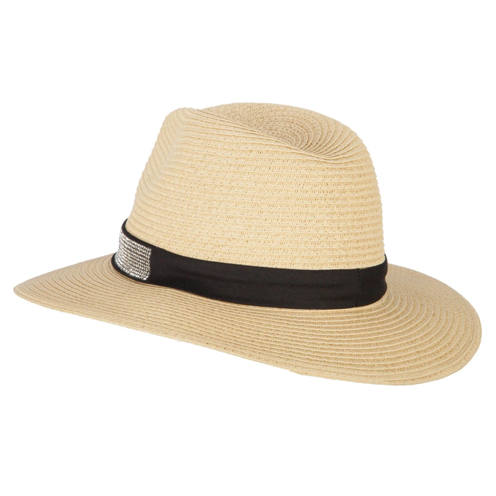 Ladies Paper Straw Rhinestone Band Panama Fedora Hat - Image 7