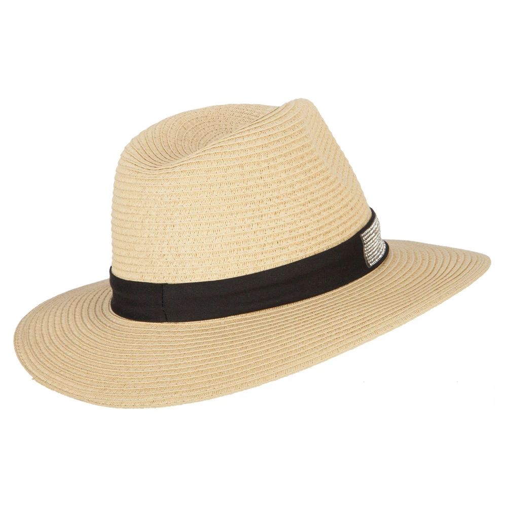 Ladies Paper Straw Rhinestone Band Panama Fedora Hat - Image 8