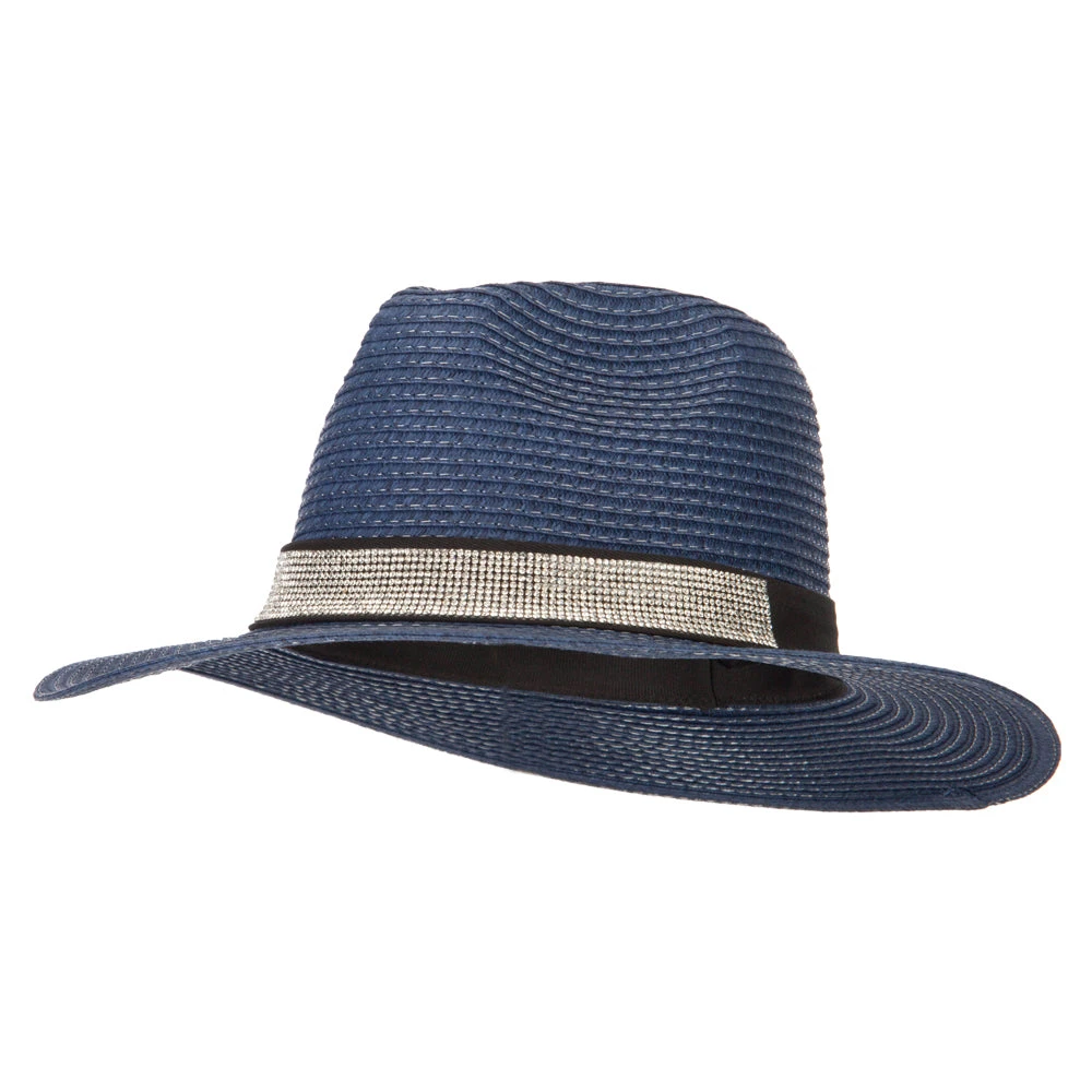 Ladies Paper Straw Rhinestone Band Panama Fedora Hat - Image 11