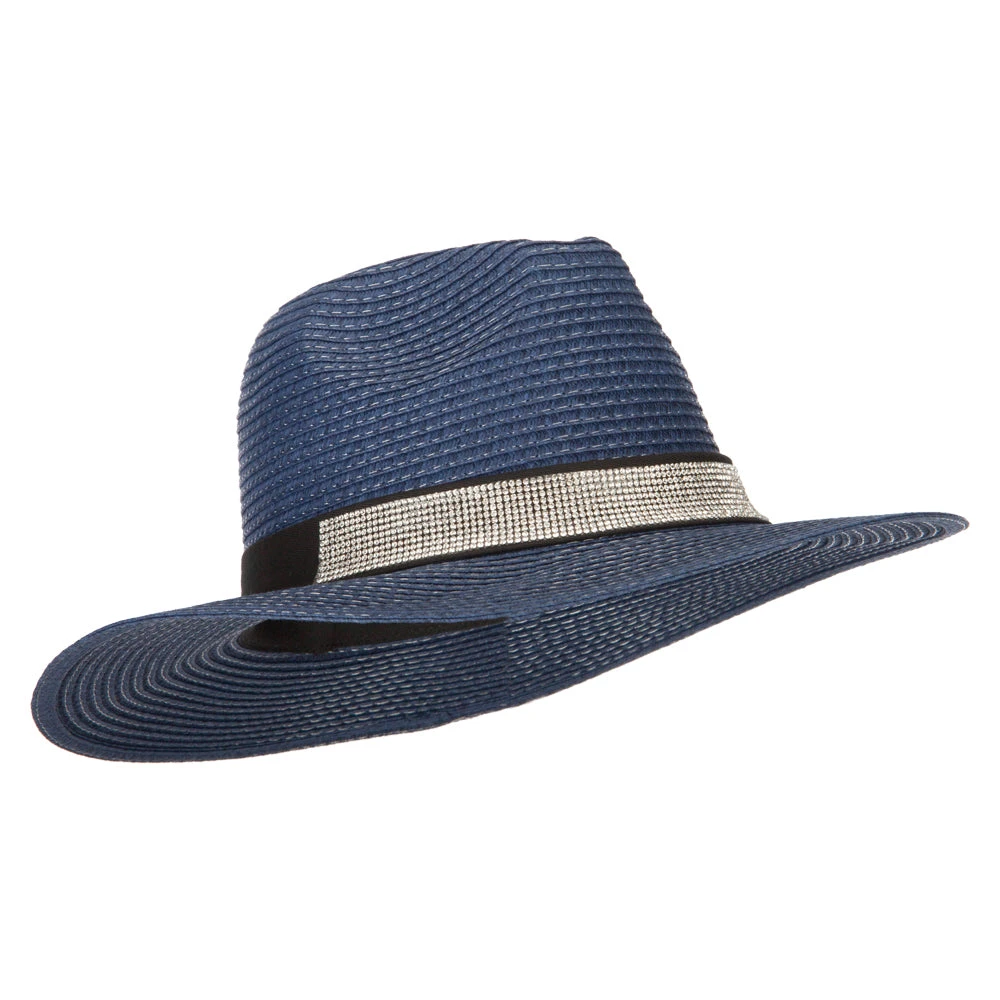 Ladies Paper Straw Rhinestone Band Panama Fedora Hat - Image 14