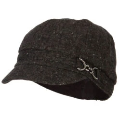 Rhinestone Metal Buckle Trim Tweed Newsboy Cap