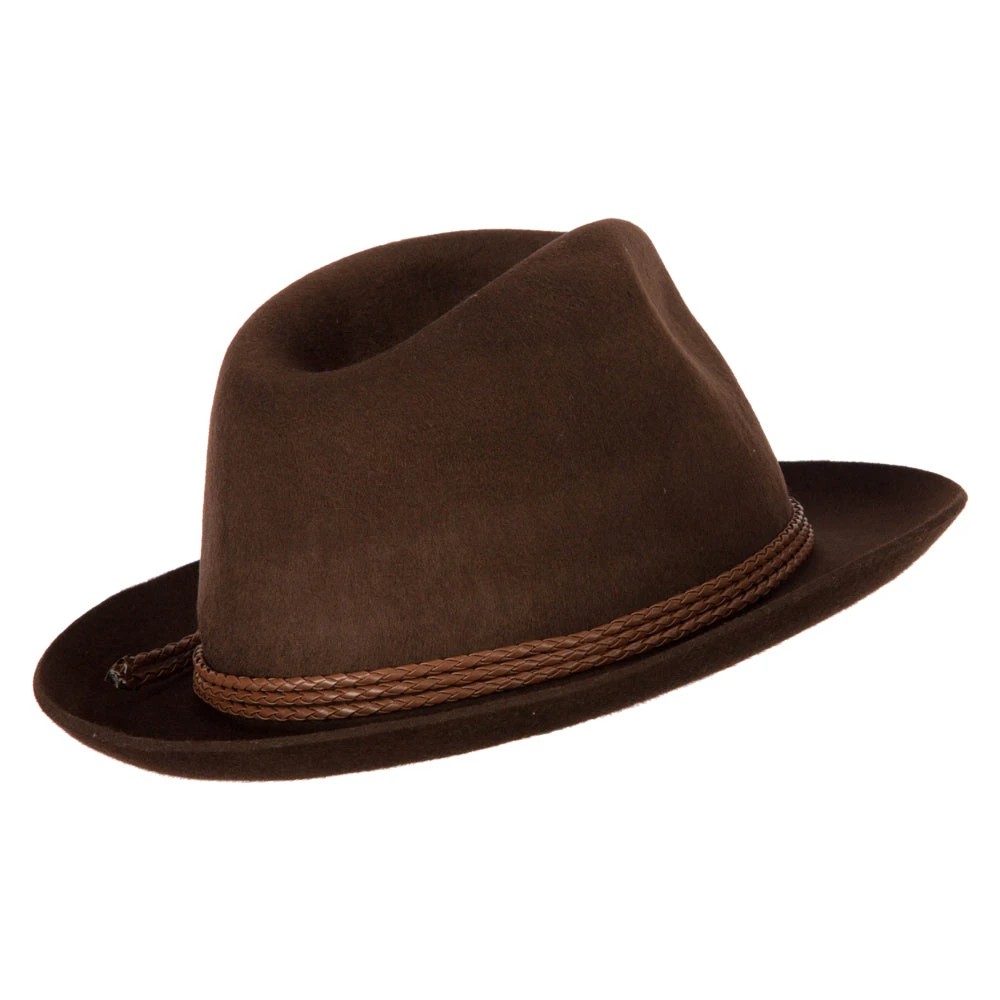 Unisex Braided Leatherette Band Pinched Crown Brushed Wool Felt Fedora Hat - Image 3