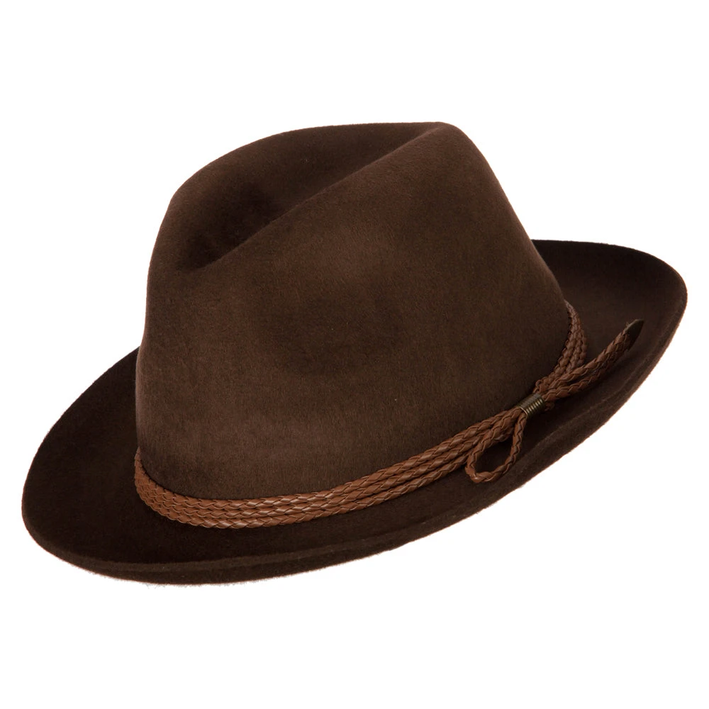Unisex Braided Leatherette Band Pinched Crown Brushed Wool Felt Fedora Hat - Image 5
